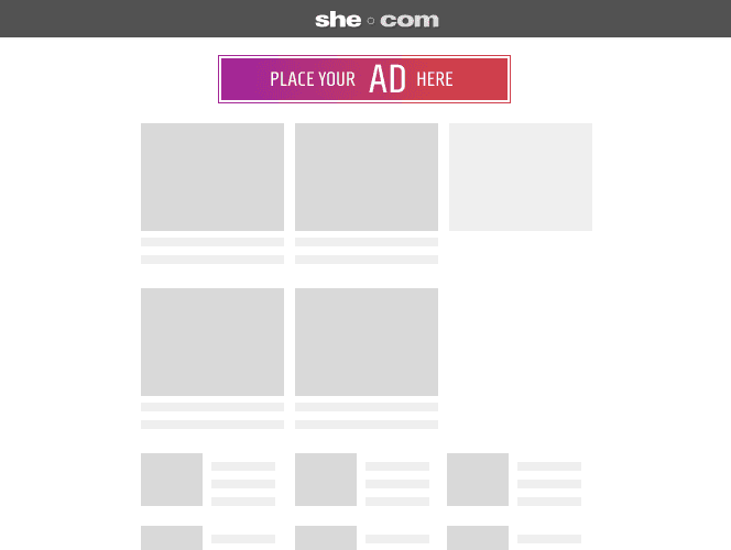 Leaderboard banner placement below the she.com header