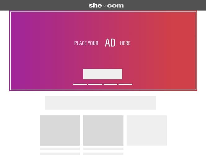 Super banner placement shown full width at the top of a she.com page layout