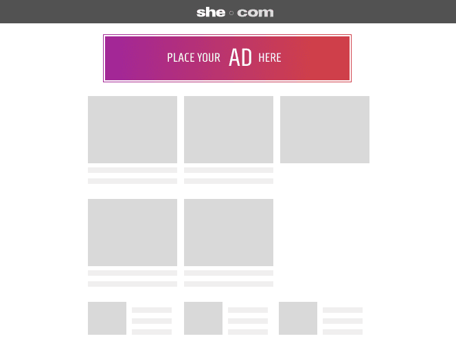 Billboard placement as a large panel at the top of a she.com page