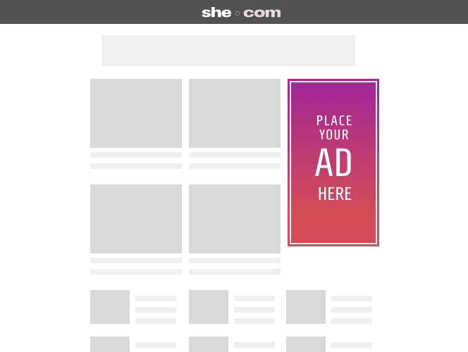 Large skyscraper placement running down the right side of a she.com page